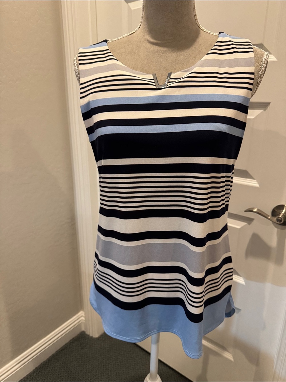 Calvin Klein Navy and Light Blue Striped Sleeveless Knit Top